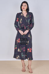 8Pcs Black Floral Print Belted Crossover Midi Dress