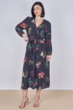 8Pcs Black Floral Print Belted Crossover Midi Dress