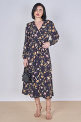 8Pcs Black Vintage Floral Belted Crossover Midi Dress
