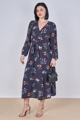 8Pcs Navy Floral Print Belted Crossover Midi Dress