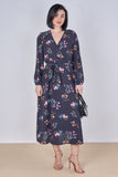 8Pcs Navy Floral Print Belted Crossover Midi Dress