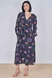 8Pcs Navy Floral Print Belted Crossover Midi Dress