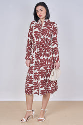 8Pcs Coral Leaf Print Belted Midi Shirt Dress