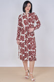 8Pcs Coral Leaf Print Belted Midi Shirt Dress