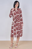 8Pcs Coral Leaf Print Belted Midi Shirt Dress