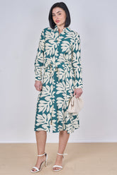 8Pcs Teal Leaf Print Belted Midi Shirt Dress