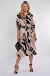 8Pcs Beige Abstract Print Half Sleeve Black Midi Shirt Dress