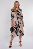 8Pcs Beige Abstract Print Half Sleeve Black Midi Shirt Dress