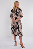 8Pcs Beige Abstract Print Half Sleeve Black Midi Shirt Dress