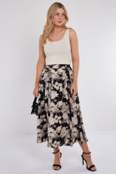 7Pcs Black Floral Print Pleated Midi Skirt