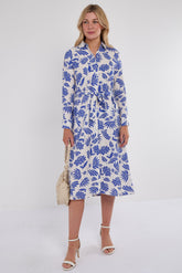 8Pcs Cobalt Botanical Print Midi Shirt Dress