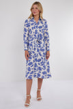 8Pcs Cobalt Botanical Print Midi Shirt Dress
