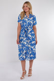 8Pcs Cobalt Floral Print Short Sleeve Midi Shirt Dress