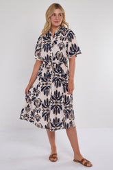 6Pcs Navy Abstract Print Short Sleeve Midi Dress