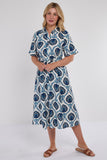 6Pcs Navy Floral Tile Print Short Sleeve Midi Shirt Dress