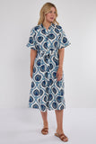 6Pcs Navy Floral Tile Print Short Sleeve Midi Shirt Dress