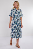 6Pcs Navy Floral Tile Print Short Sleeve Midi Shirt Dress