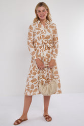 8Pcs Ochre Botanical Print Midi Shirt Dress
