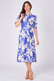 Blue floral print tie front midi shirt dress angled front view