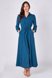 8Pcs Teal Button Front Belted Maxi Shirt Dress