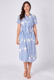 Blue paisley print midi shirt dress front view