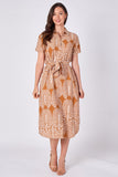 Rust paisley print midi shirt dress front view
