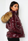 6Pcs Merlot Wet LookPuffer Jacket with Faux Fur on Hood