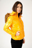 6Pcs Wet Look Padded Jacket with Faux Fur Hood in Shiny Mustard