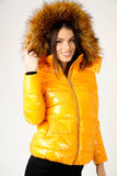 6Pcs Wet Look Padded Jacket with Faux Fur Hood in Shiny Mustard