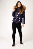 6Pcs Navy Wet Look Puffer Coat with Faux Fur Hood