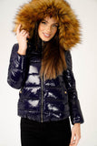 6Pcs Navy Wet Look Puffer Coat with Faux Fur Hood
