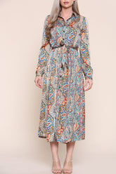 8Pcs Green Paisley Printed Long Sleeve Maxi Dress