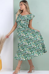 8Pcs Black Ditsy Floral Printed Asymmetric Strap Midi Dress