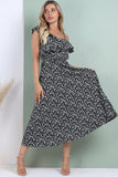 8Pcs Black Floral Printed Asymmetric Strap Midi Dress