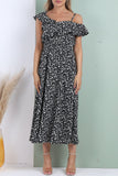 8Pcs Black Floral Printed Asymmetric Strap Midi Dress