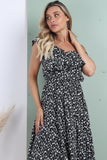 8Pcs Black Floral Printed Asymmetric Strap Midi Dress
