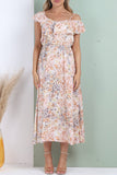 8Pcs Peach Floral Printed Asymmetric Strap Midi Dress
