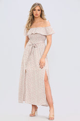 8Pcs Cream Ditsy Floral Print Frill Bardot Maxi Dress