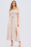 8Pcs Cream Ditsy Floral Print Frill Bardot Maxi Dress