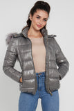 6Pcs Grey Shiny Puffer Jacket with Grey Faux Fur