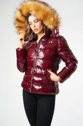 6Pcs Merlot Wet LookPuffer Jacket with Faux Fur on Hood