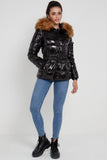 8Pcs Shiny Black Belted Puffer Coat with Faux Fur hood