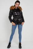 8Pcs Shiny Black Belted Puffer Coat with Faux Fur hood