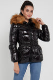 8Pcs Shiny Black Belted Puffer Coat with Faux Fur hood