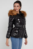 8Pcs Shiny Black Belted Puffer Coat with Faux Fur hood