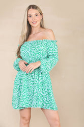 8Pcs Green Leopard Print Bardot Mini Dress