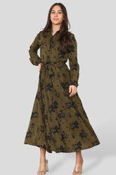 8Pcs Khaki Floral Print Long Sleeve Midmaxi Shirt Dress