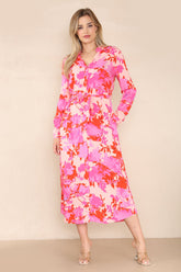 8Pcs Pink Floral Printed Maxi Shirt Dress