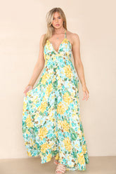 6Pcs Green Floral Print Strappy Maxi Dress