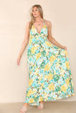 6Pcs Green Floral Print Strappy Maxi Dress
